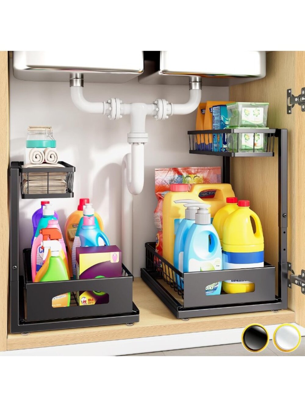 L-Shaped Under Sink Organizer Set - 2-Pack Metal Pull-Out Drawers for Kitchen